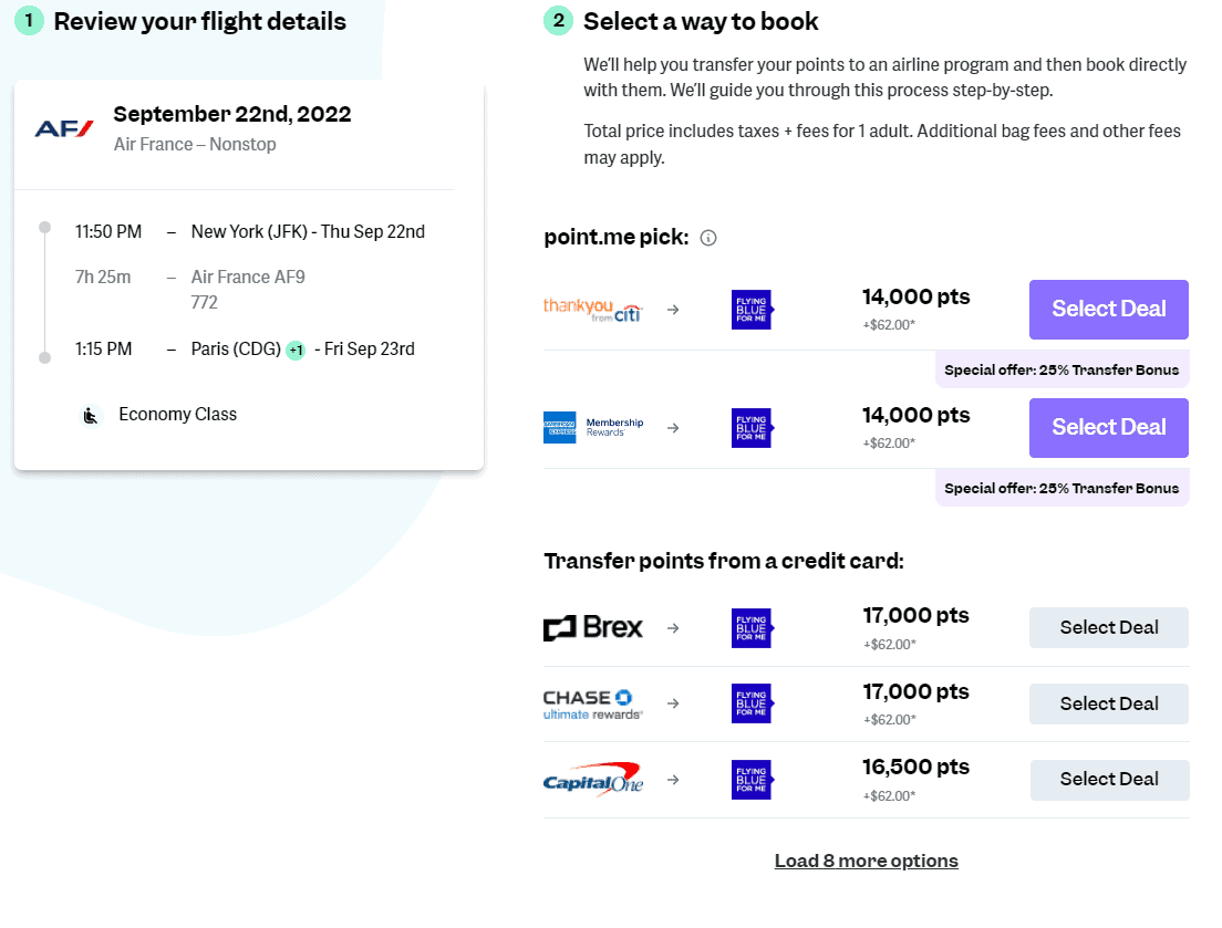 Flight details from JFK to CDG and all the various rewards programs you can use to book that flight.